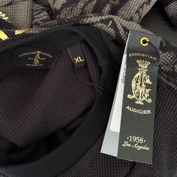 Christian Audigier Shirt Mens XL Thermal Skull Rose Rhinestone Y2K Tattoo NEW - Picture 3 of 16